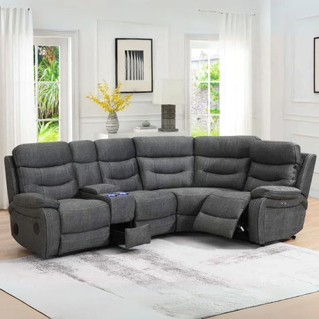 Dark grey fabric corner sofa with console and reclining seats in modern living room