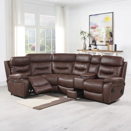 Brown leather corner sectional sofa with recliner and central console in living room