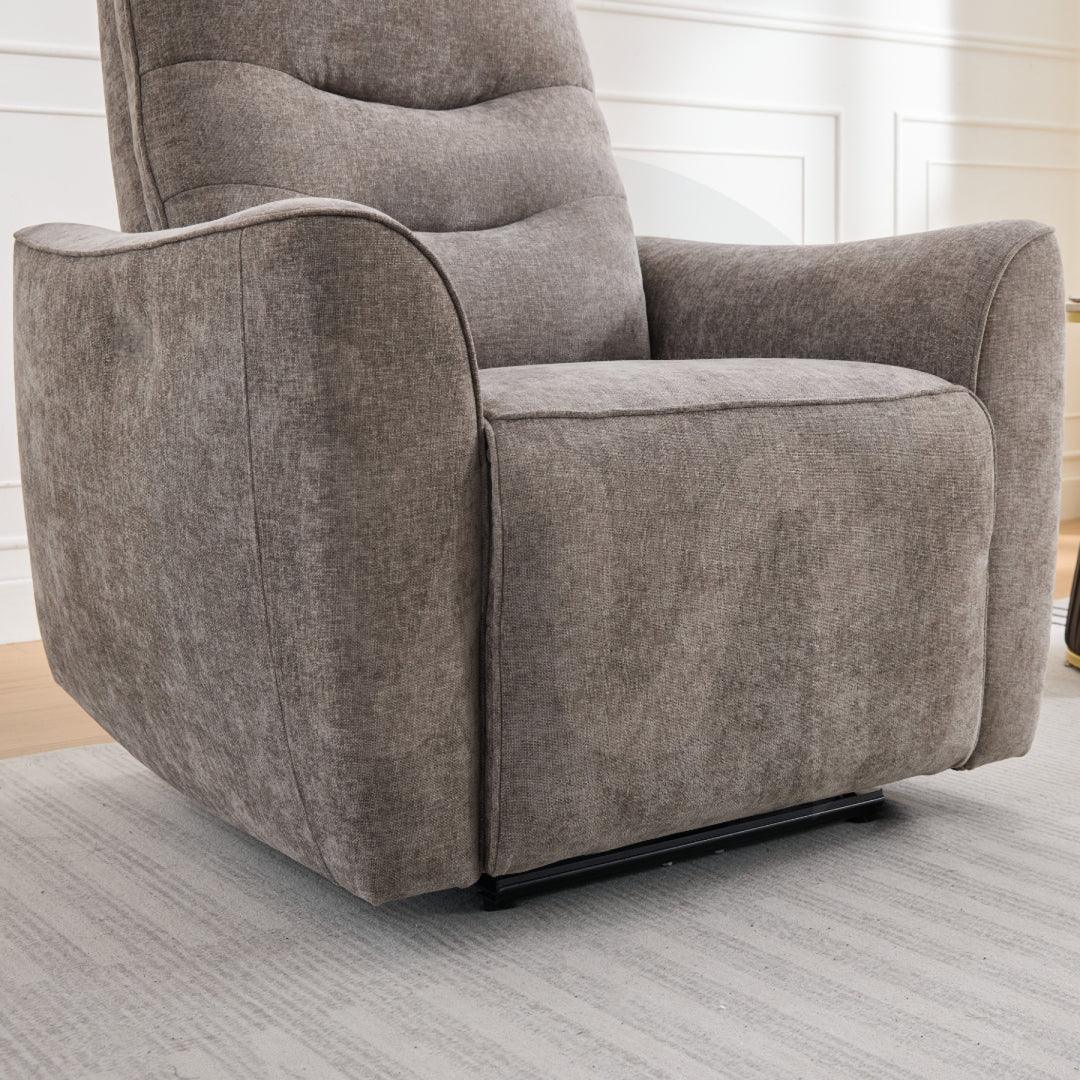 Stone fabric armchair with curved arms and padded seat on light striped rug