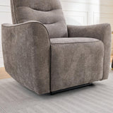 Stone fabric armchair with curved arms and padded seat on light striped rug