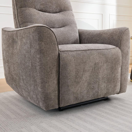 Stone fabric armchair with curved arms and padded seat on light striped rug