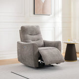 Stone fabric armchair recliner with extended footrest in modern living room setting