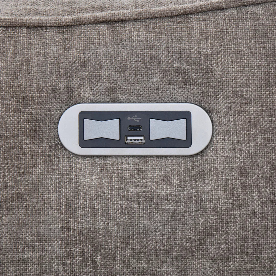 Liberty Stone 2.5 seater sofa fabric close-up with built-in USB ports and controls