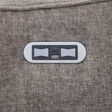 Stone fabric sofa detail with built-in USB and USB-C charging ports