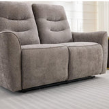 Two seater fabric sofa in stone grey with padded arms and backrest on light carpet