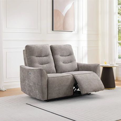Two seater fabric recliner sofa in stone grey with footrest extended, modern living room setting