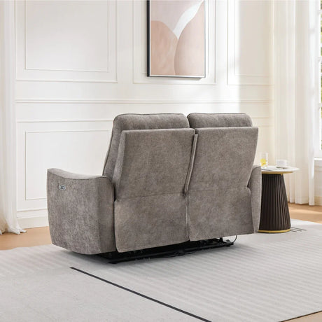 Stone fabric 2 seater recliner sofa rear view in bright living room setting