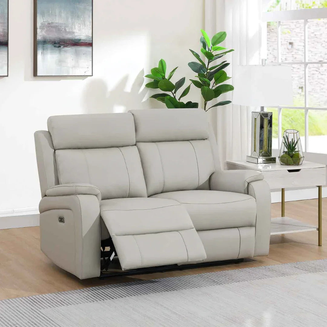 Light grey leather loveseat recliner with high back in modern living room setting