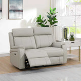 Light grey leather loveseat recliner with high back in modern living room setting