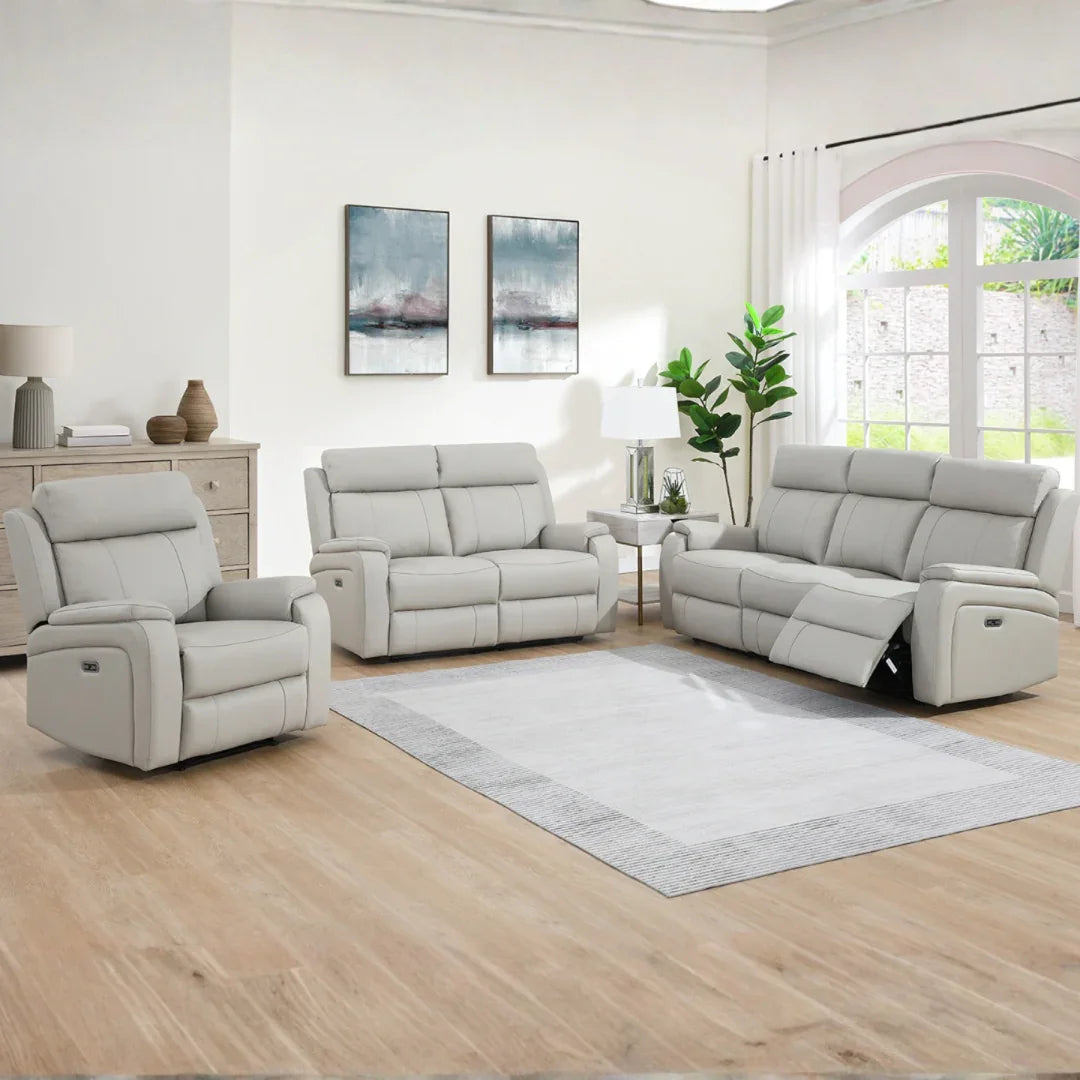 Light grey leather recliner sofa set with matching armchair in modern living room