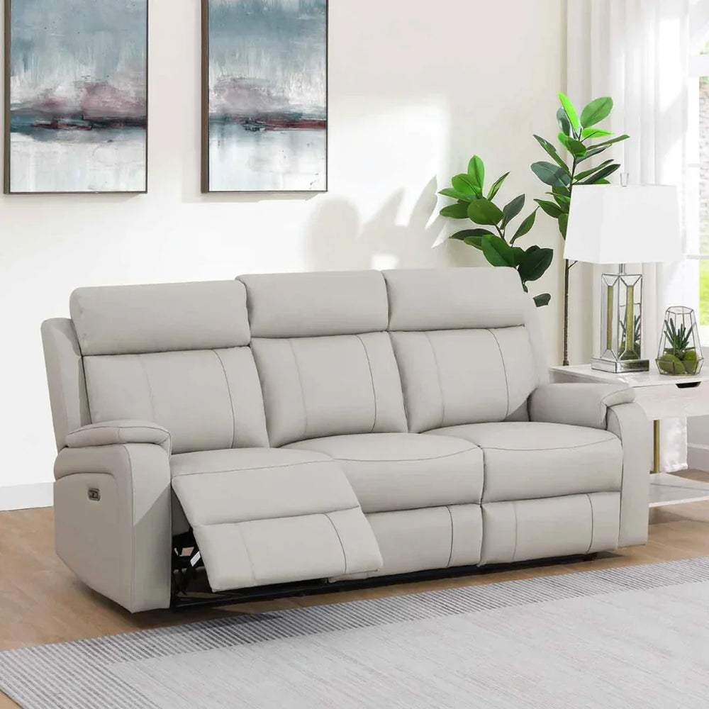 Light grey leather 3 seater sofa with recliner in modern living room setting