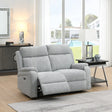 Silver fabric loveseat recliner with padded arms in bright modern living room