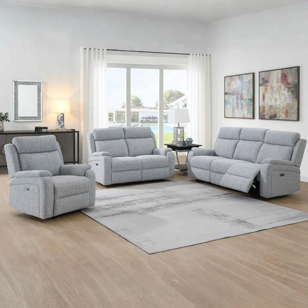 Silver fabric 3 seater sofa with recliner features in bright modern living room