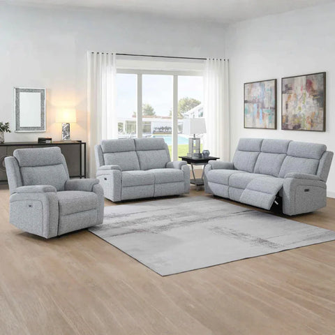 Silver fabric 3 seater sofa with recliner features in bright modern living room