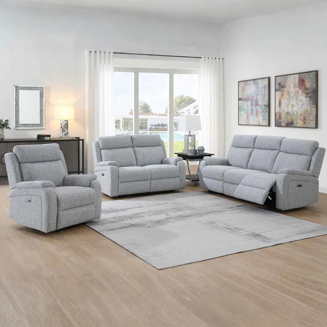 Silver fabric 3 seater sofa with recliner features in bright modern living room