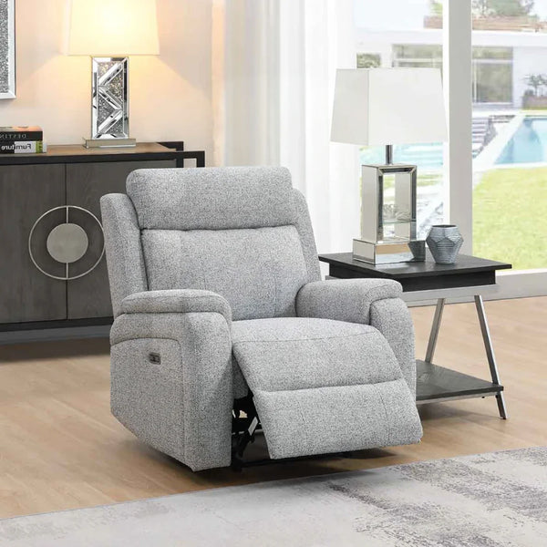 Silver fabric armchair recliner with footrest in modern living room setting