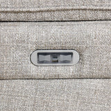 Beige fabric sofa armrest with built-in USB and USB-C charging ports