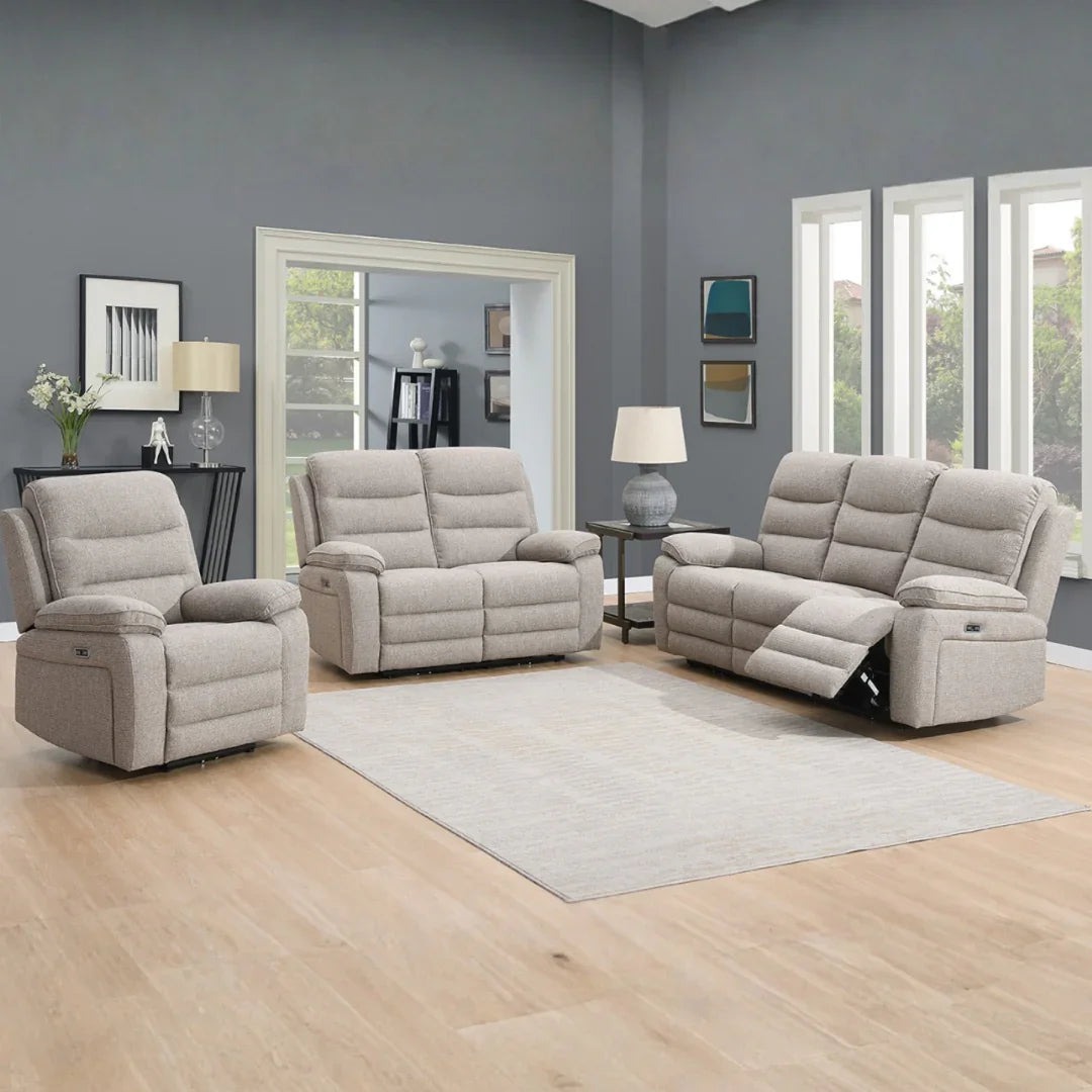 Beige reclining sofa set in spacious living room with light wood flooring and grey walls