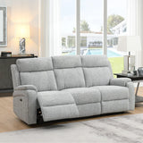 Silver three seater recliner sofa with textured fabric in modern living room setting