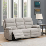 Beige 3 seater sofa with recliner feature in modern living room next to side table and lamp