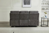 Back view of grey 3 seater sofa in modern living room with side table and decorative art