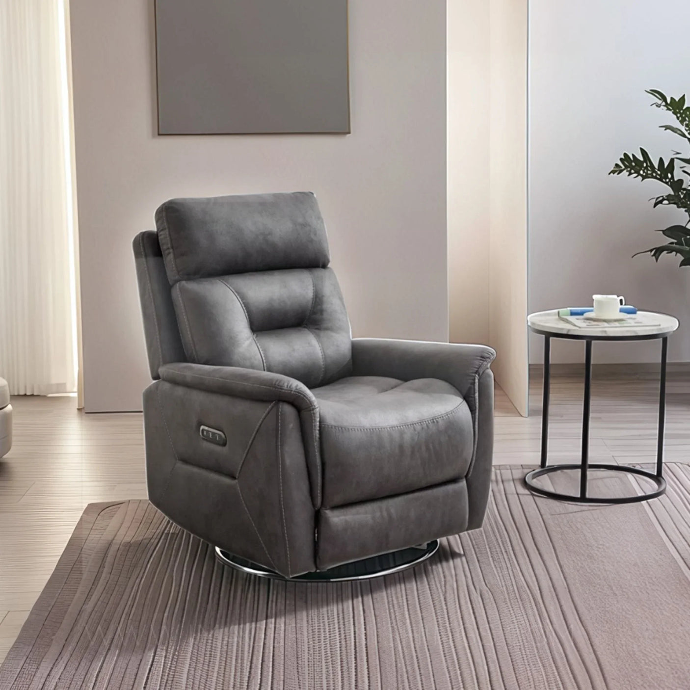 Grey fabric recliner armchair with padded backrest in modern living room setting