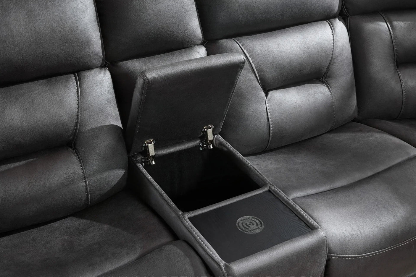 Grey sectional sofa with open centre storage and wireless charging feature