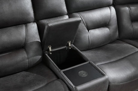 Grey sectional sofa with open centre storage and wireless charging feature