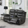 Grey reclining sofa chair with cup holders and footrest in modern living room