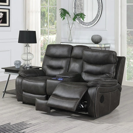 Grey reclining sofa chair with cup holders and footrest in modern living room