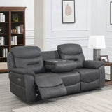 Grey recliner sofa with wireless charging table and cup holders in modern living room