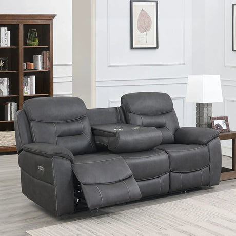 Grey recliner sofa with wireless charging table and cup holders in modern living room