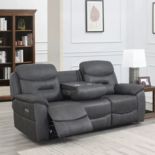 Grey recliner sofa with wireless charging table and cup holders in modern living room