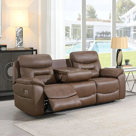 Chestnut brown reclining sofa with central table and wireless charger in living room