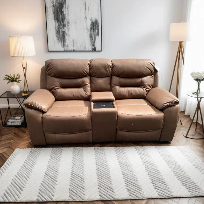 Chestnut two seater recliner sofa with wireless charger and tray in bright living room