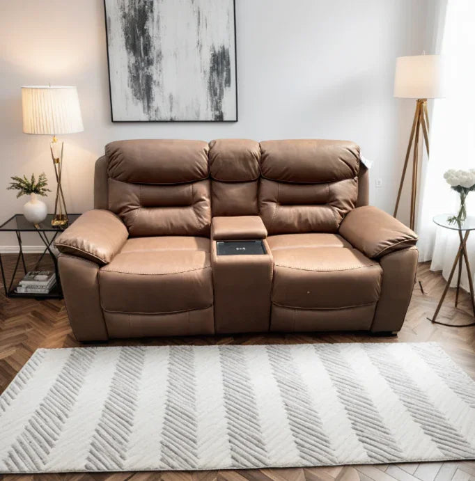 Chestnut two seater recliner sofa with wireless charger and tray in bright living room