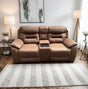 Chestnut two seater recliner sofa with wireless charger and tray in bright living room