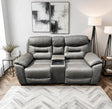 Grey 2 seater reclining sofa with built-in wireless charger and tray in modern living room