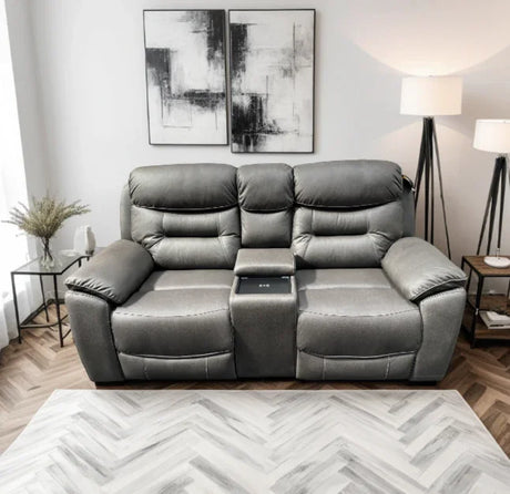 Grey 2 seater reclining sofa with built-in wireless charger and tray in modern living room