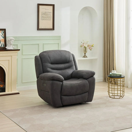 Gunmetal one-seater armchair with plush cushions in modern living room setting