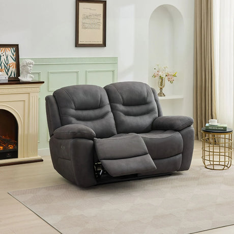 Gunmetal 2-seater loveseat recliner with plush arms in modern living room setting