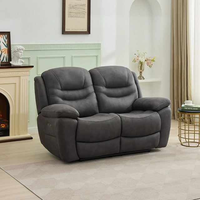 Gunmetal two-seater loveseat sofa with plush cushions in a contemporary living room setting