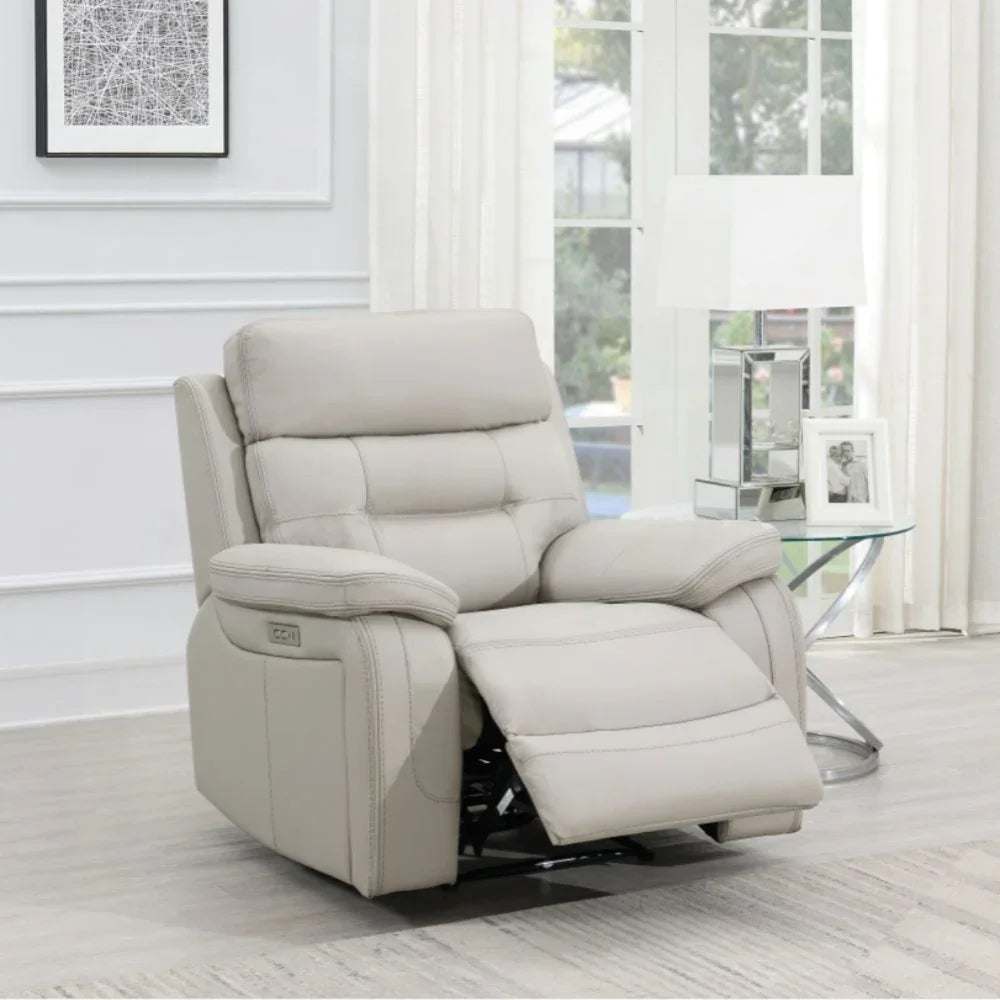 Light grey leather recliner armchair with footrest in modern living room setting
