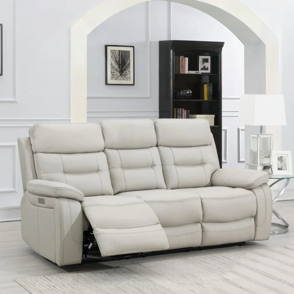Light grey leather 3 seater sofa with recliner in modern living room setting