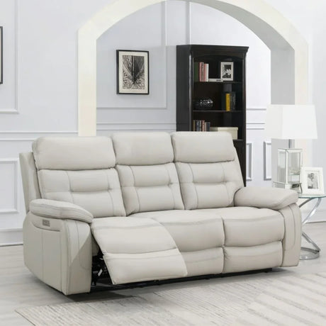 Light grey leather 3 seater sofa with recliner in modern living room setting