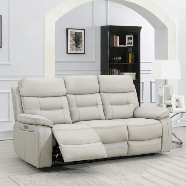 Light grey leather 3 seater sofa with recliner in modern living room setting