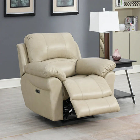 Buckhead stone leather recliner armchair with footrest in living room setting