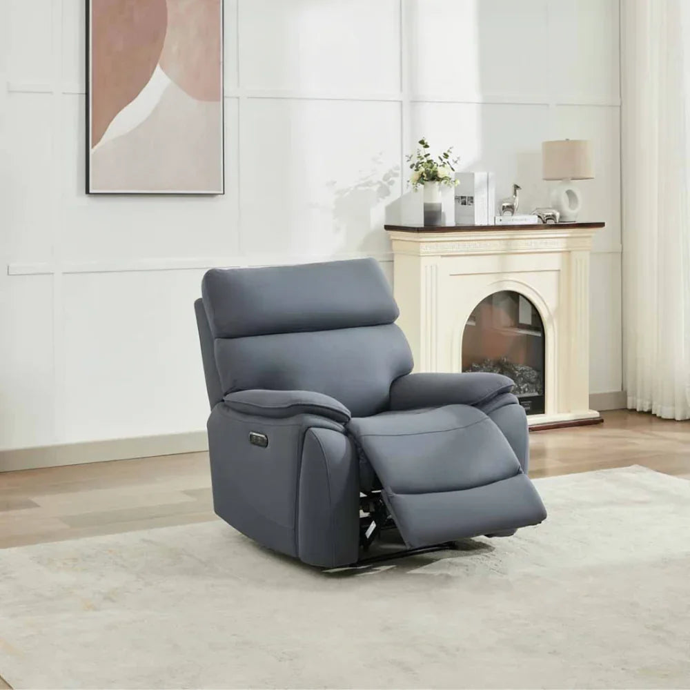 Midnight grey recliner chair with extended footrest in modern living room setting