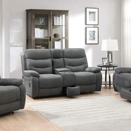Dark grey reclining fabric sofa with cup holders and matching piping in modern living room