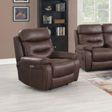 Brown leather recliner chair with contrast stitching in modern living room setting